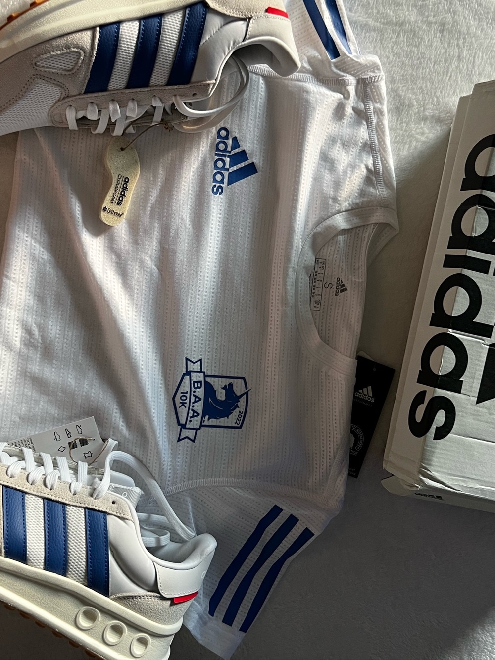 adidas White Sneakers with Blue Stripes and Gum Outsole with matching tee